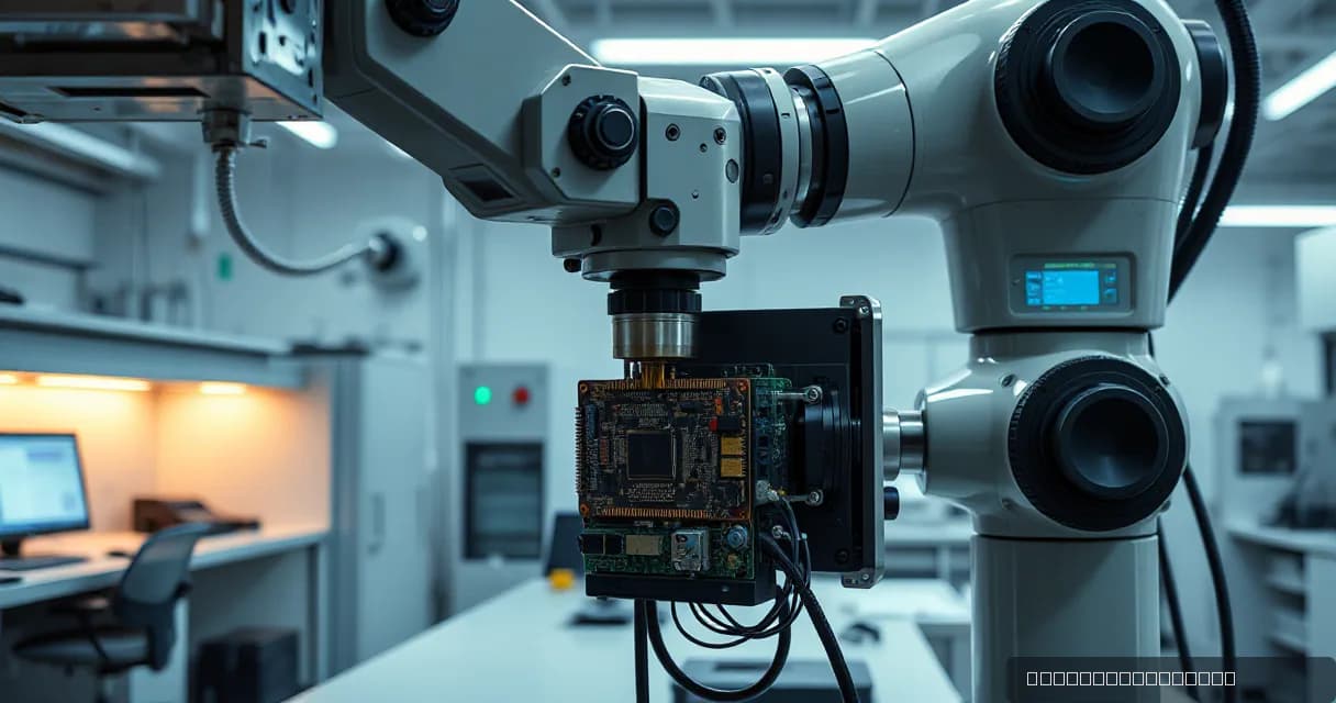A robotic arm in a clean fabrication bay precisely installs and calibrates a new accelerator card within a high-tech laboratory setting.
