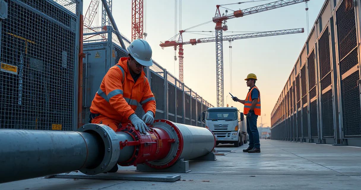 Two technicians in orange safety gear work on connecting a large cooling pipe at a data center construction site under clear early-morning skies with industrial cranes in the background.