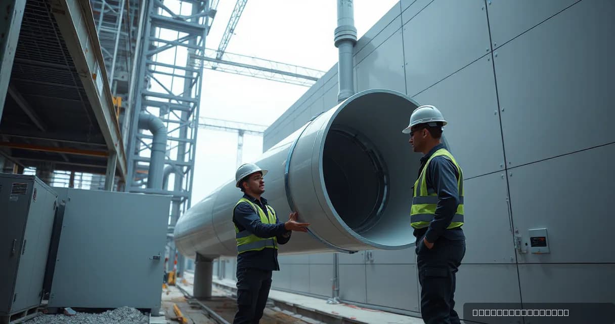 Two technicians wearing safety gear install a large cooling duct in an active data center construction site. The scene is illuminated with industrial lighting, emphasizing the complexity of modern technological systems.