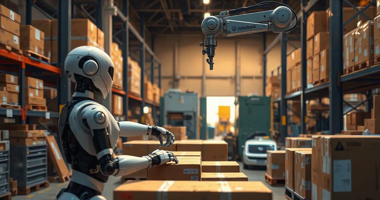 An autonomous warehouse robot sorts unmarked parcels through three physical checks while an operations mechanical service arm observes the final verified handoff, set against a backdrop of a working industrial environment with late-afternoon lighting.