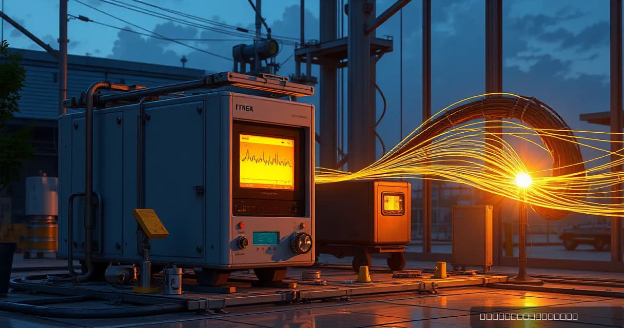 A technical device displaying an analysis graph transitions as a fiber optic cable locks into place, symbolizing the dynamic process of data synthesis required for complex AI queries. The scene is set in an industrial environment with late-afternoon lighting casting warm hues over the equipment and