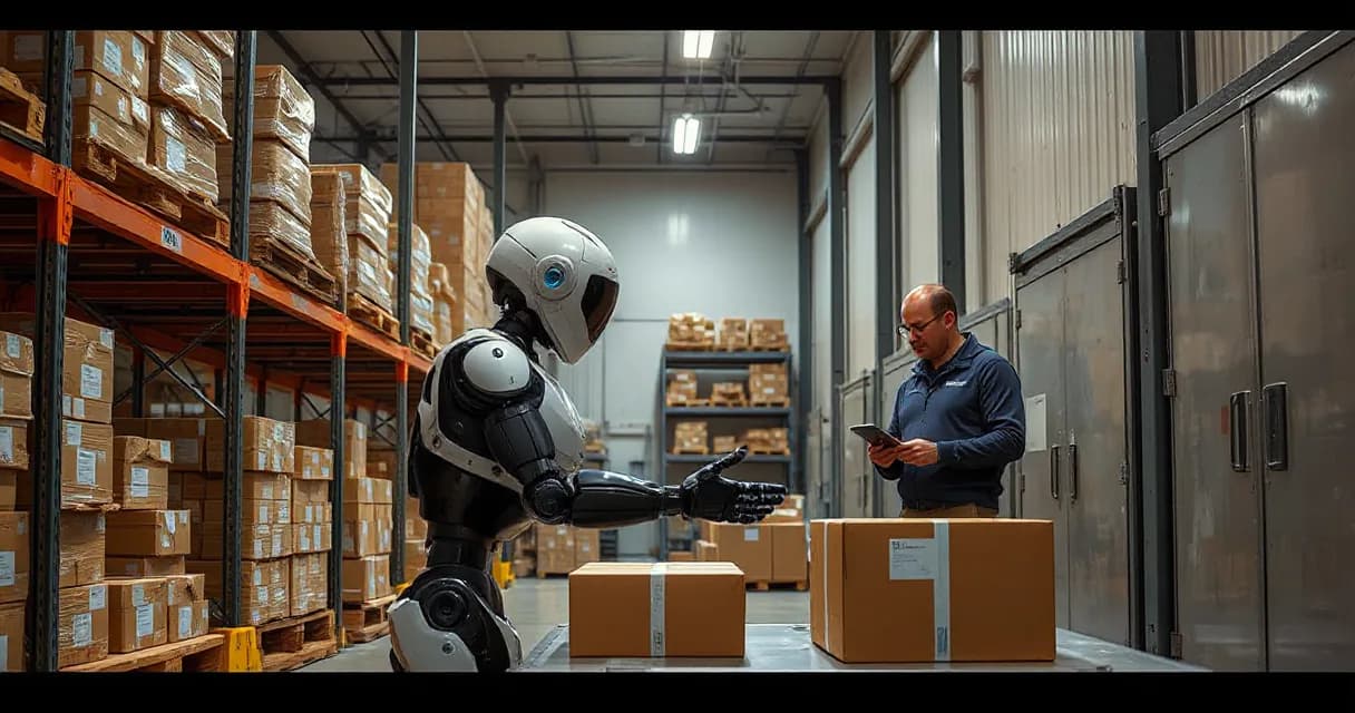 An autonomous warehouse robot sorts unmarked parcels through three physical checks while an operations technician observes the final verified handoff in a working warehouse setting.