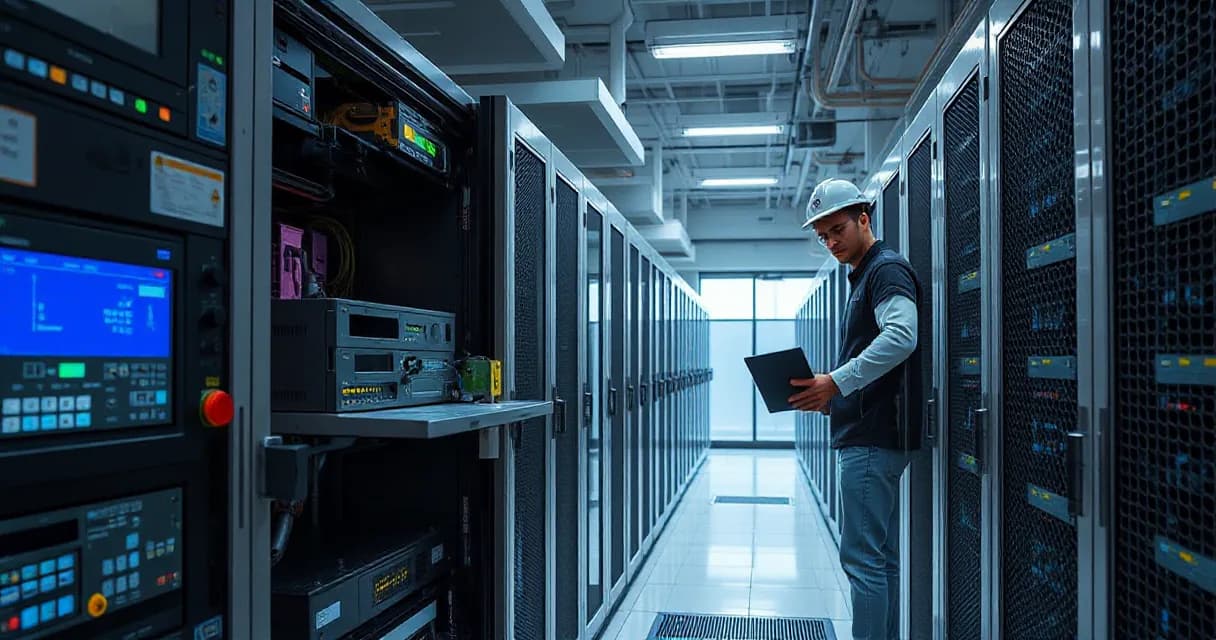 A technician wearing a hard hat and safety vest works inside a server room, installing an accelerator card into a server rack. The scene is well-lit with industrial lighting, emphasizing the technical environment of AI software development and cybersecurity.