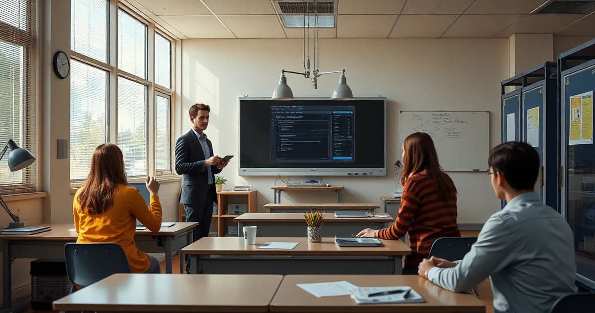 A classroom setting where a teacher is leading an adult group through a practical exercise involving AI technology, as indicated by the large screen displaying code or software interface elements in the background.