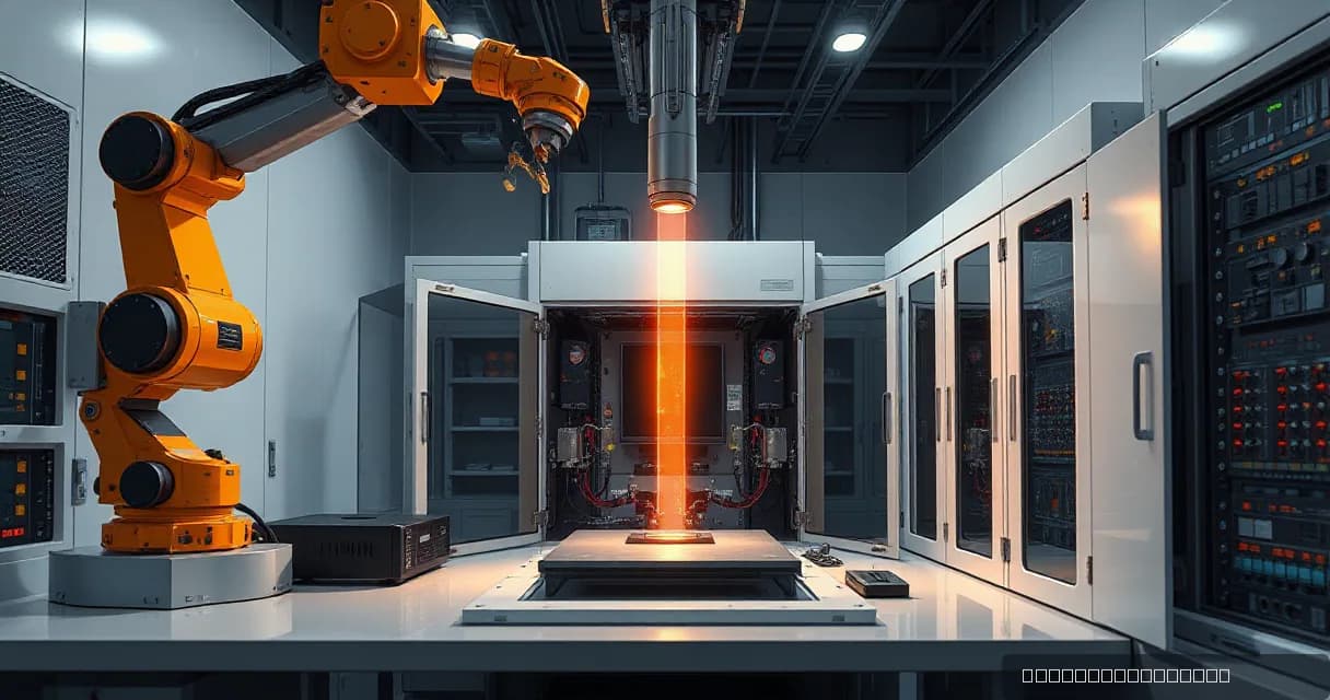 A mechanical service arm installs an accelerator card into a relay cabinet within a precision facility laboratory, symbolizing advanced AI software development. The scene uses a silicon-prism metaphor to represent the integration of hardware components in a high-tech environment.
