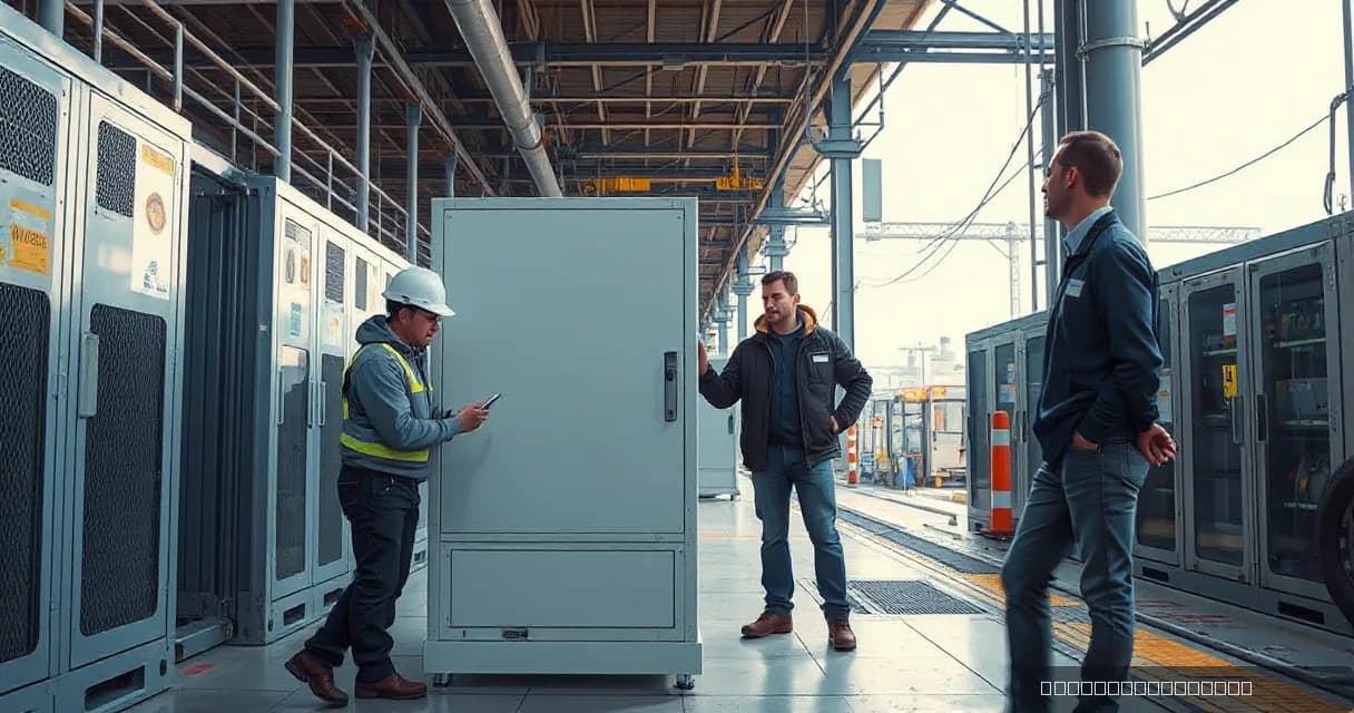 Two technical crews transfer a plain equipment cabinet in an industrial facility while a manager inspects the completed handoff under natural directional daylight with controlled contrast and realistic color. The setting is a public infrastructure facility with restrained background activity, symbol