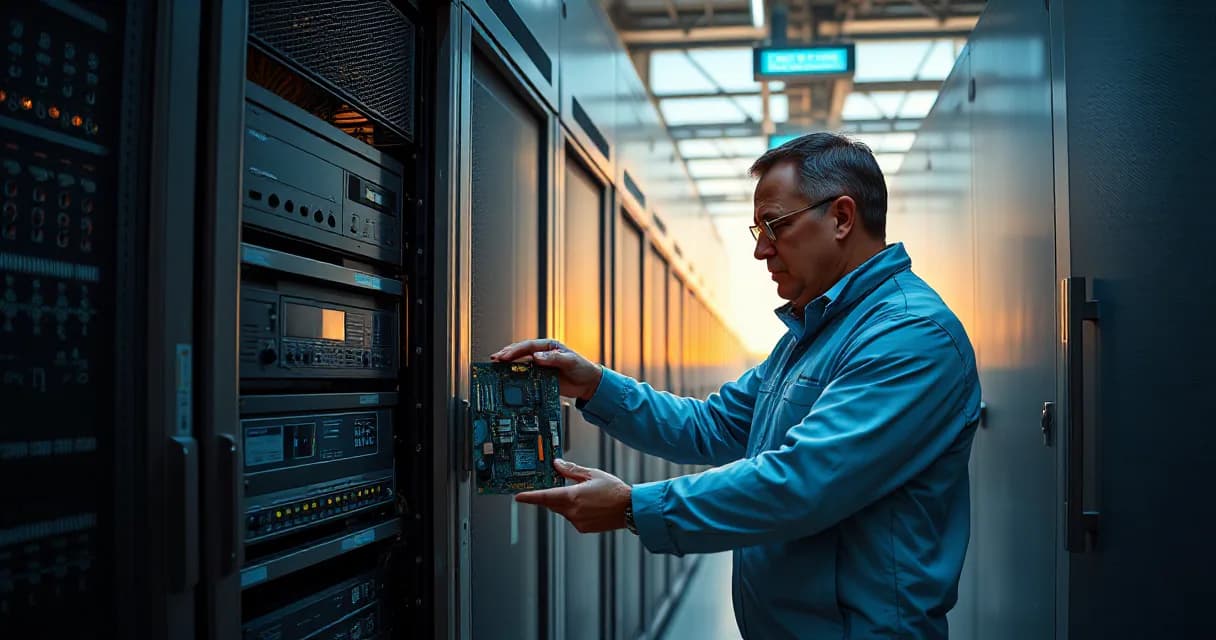 A technician in a data center laboratory installs an accelerator card into a server rack while another engineer tests the upgraded machine under realistic load.