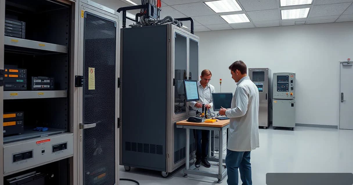 Two engineers are testing an accelerator card inside an AI laboratory with cooling units running beside them.