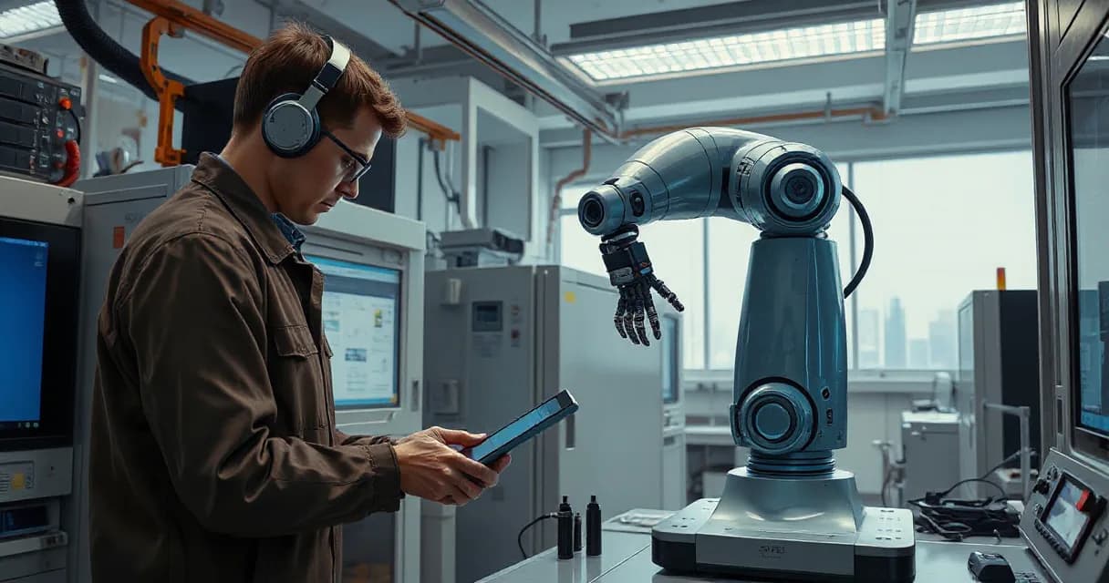 An engineer wearing headphones interacts with a robotic arm in a laboratory setting, holding a tablet as part of what appears to be an AI safety research project supported by OpenAI.