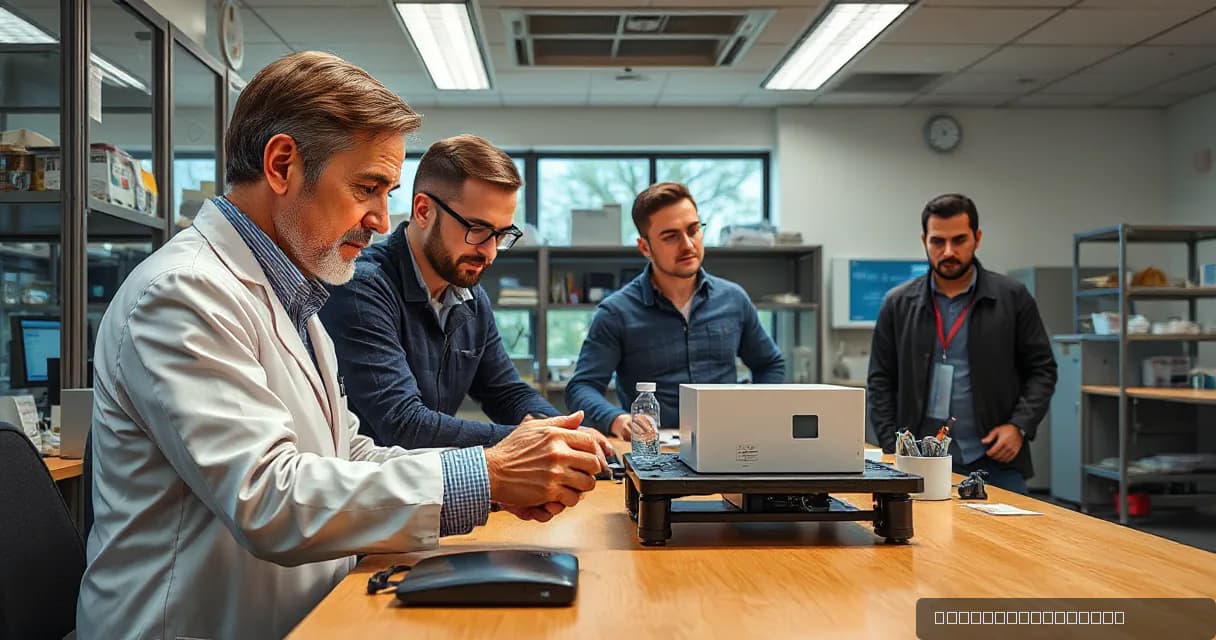 In a quiet academic laboratory, an older researcher in a lab coat and an engineer compare two plain physical models on a table while their colleagues observe the result.