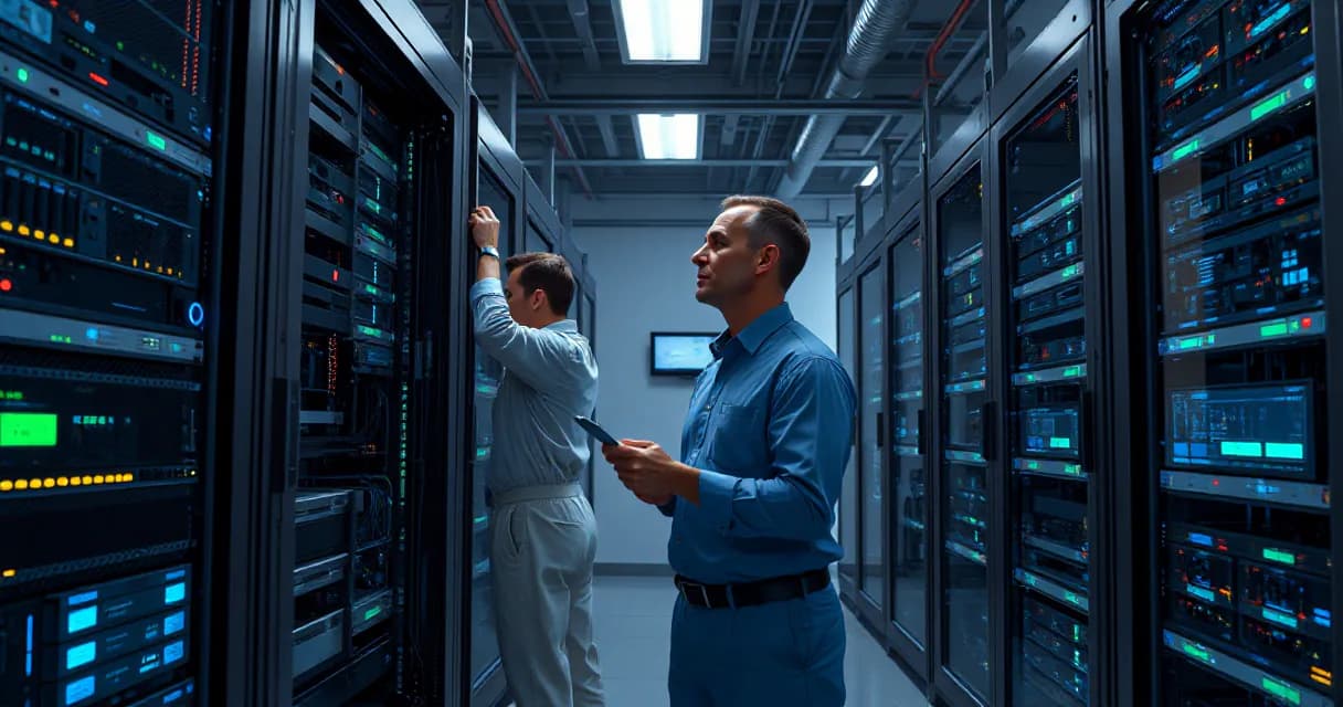 Two technicians in a data center laboratory; one installing an accelerator card into a server rack while another tests the upgraded machine.
