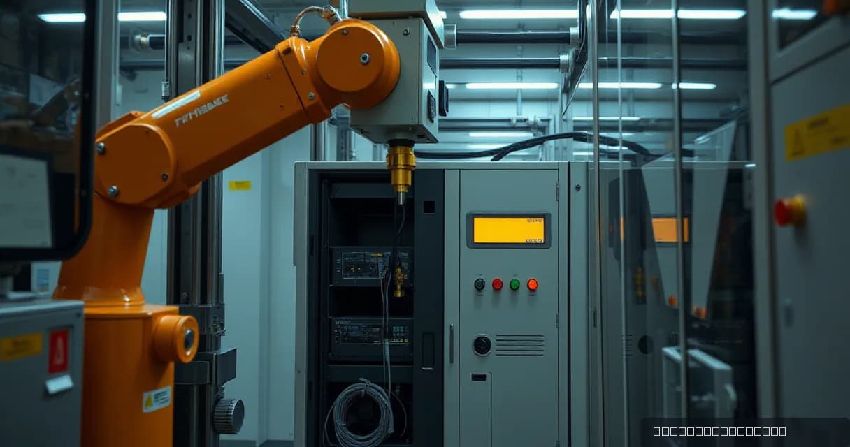 A mechanical service arm replaces a server unit in an advanced precision facility while a calibration mechanism tests the updated machine, symbolizing human leadership integrating with technological scaling.
