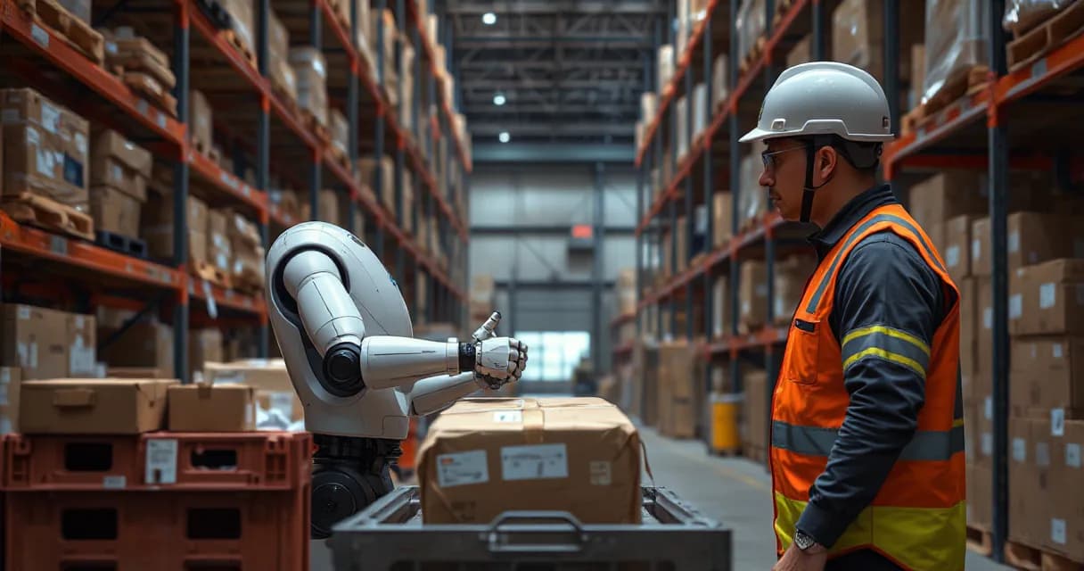 In a spacious warehouse, an autonomous robot sorts unmarked parcels through three physical checks while an operations technician observes the final verified handoff.