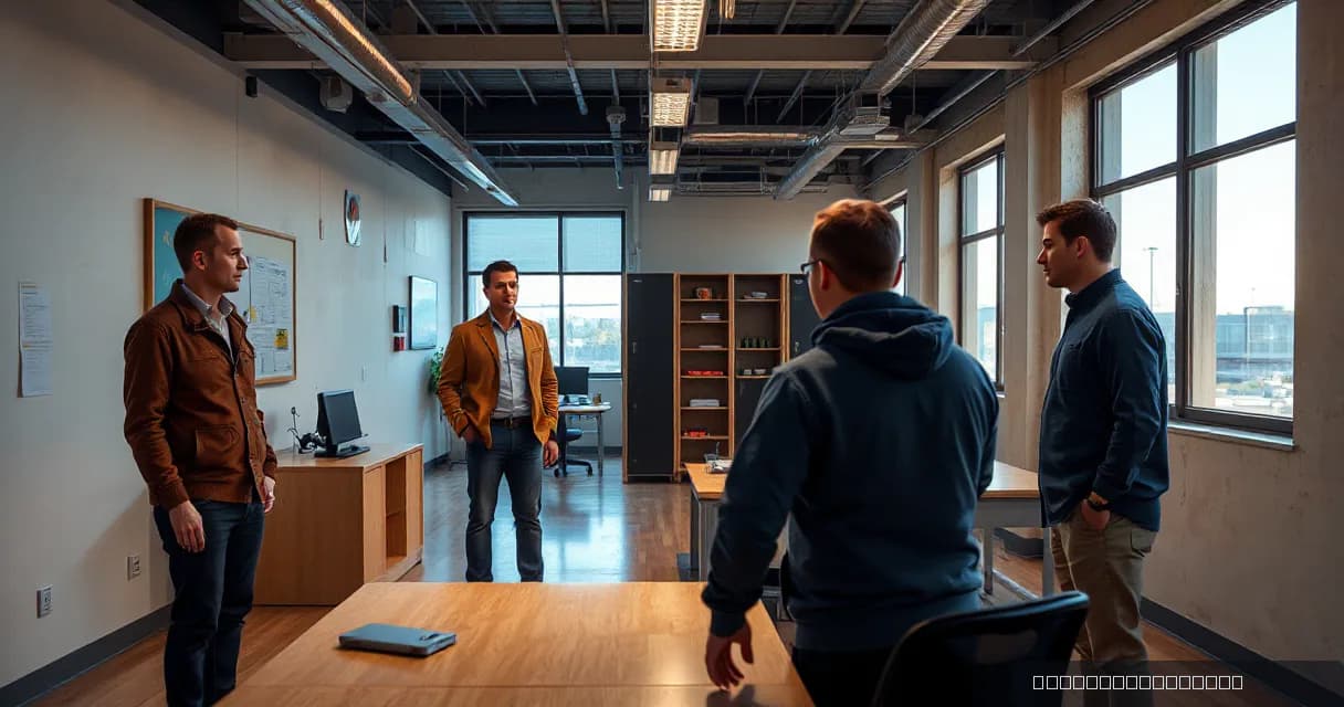 A group of four individuals in an industrial-style office space engage in a training session led by one person at the front. The setting includes wooden desks and shelves with books, while large windows allow natural light to fill the room. The participants are dressed casually, suggesting a profess