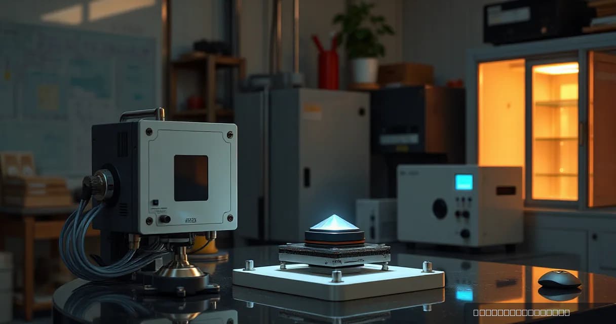 An AI laboratory scene featuring two calibration mechanisms testing an accelerator card in a machine while a cooling unit runs beside it. A silicon-prism metaphor symbolizes the interaction between the accelerator module and precision workbench, representing the process of generating code from data.