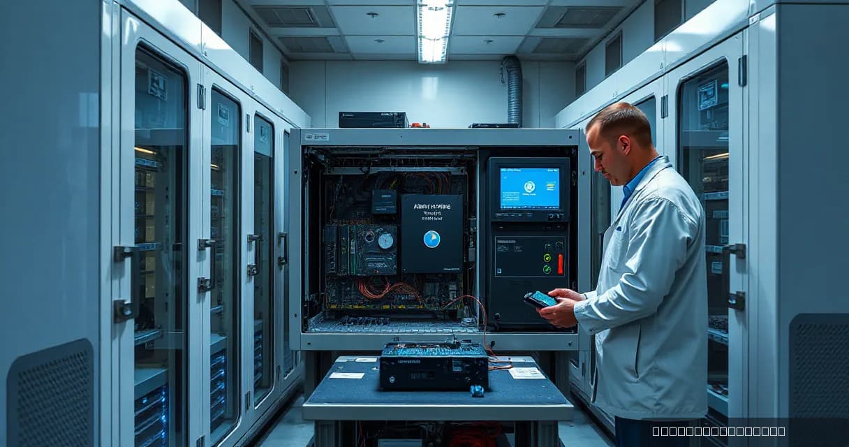 A technician in a lab coat is installing an accelerator card into an open test bench, surrounded by industrial equipment under clean lighting.