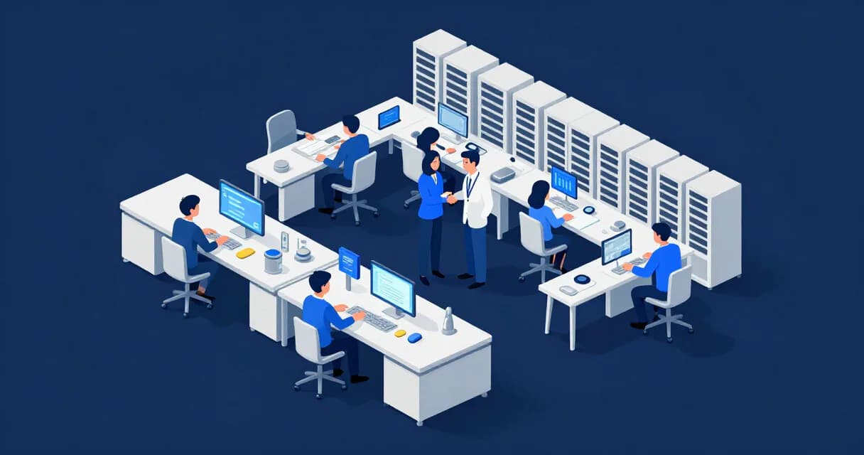 Роботы и люди координируют работу на складской площадке, показывая напряжение между автоматизацией и сохранением человеческих ролей.