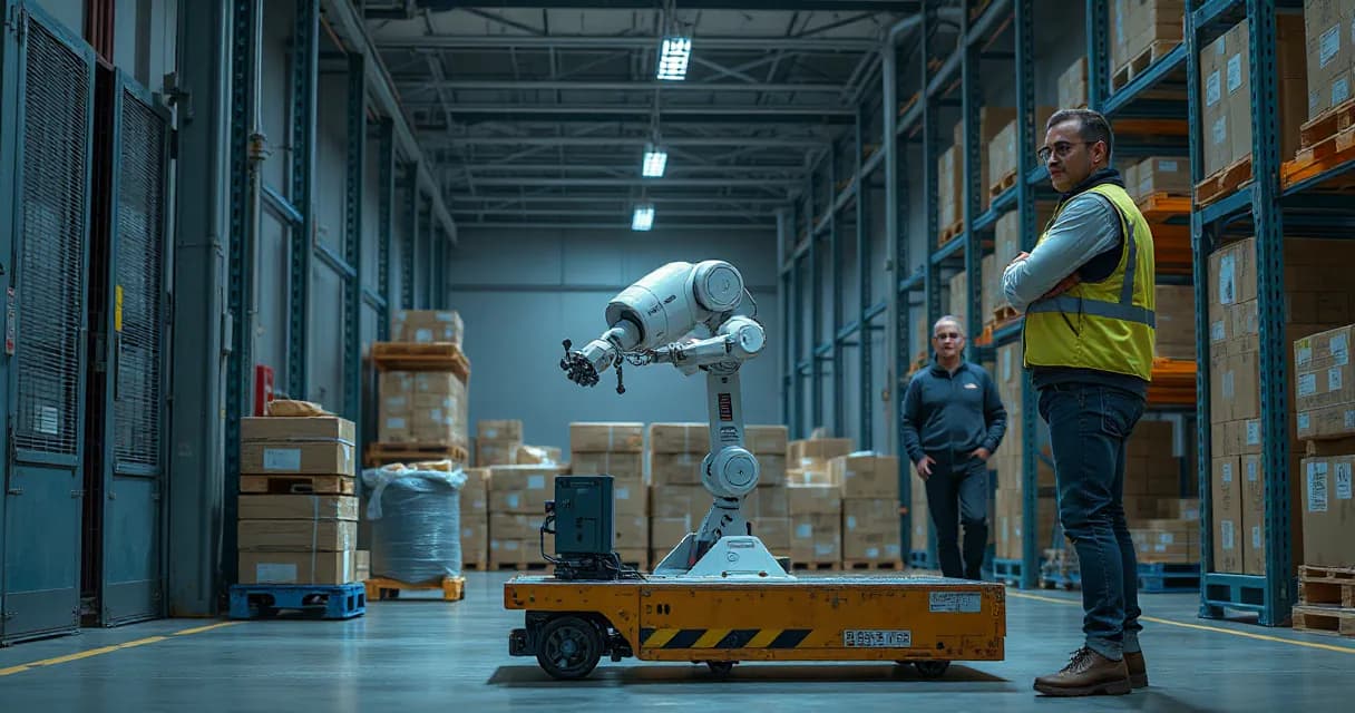 A warehouse scene featuring an autonomous robot sorting parcels while a technician observes the process in the background.