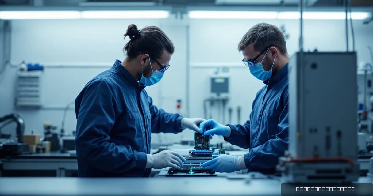 Two engineers in blue lab coats and gloves working on an accelerator card within an AI laboratory environment, emphasizing precision and technical expertise.