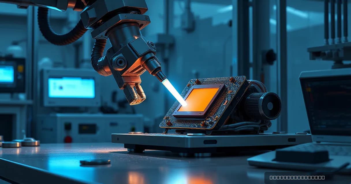 A mechanical service arm precisely works on an accelerator card in a hardware laboratory, symbolizing advanced technology development through a silicon-prism metaphor.