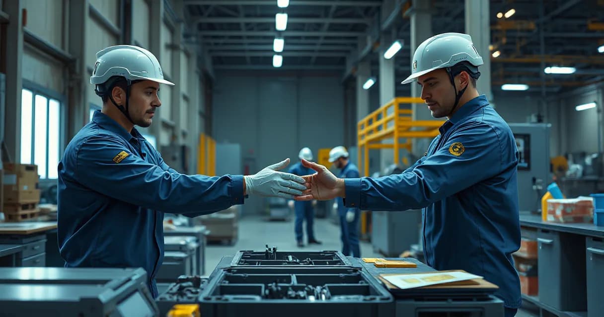Two workers in blue uniforms and white helmets are engaged in a handoff gesture within an industrial setting. They appear focused on their task, surrounded by machinery and equipment indicative of a manufacturing environment.
