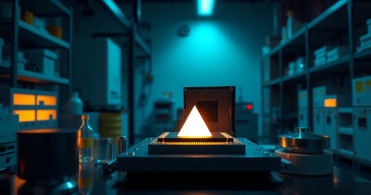 A silicon wafer and ceramic accelerator module meet at a sharp prism of light in an AI laboratory setting, symbolizing advanced technology and data processing.