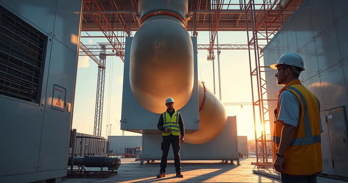 Two technicians guide a large cooling duct into place at an active data center construction site under late-afternoon light.