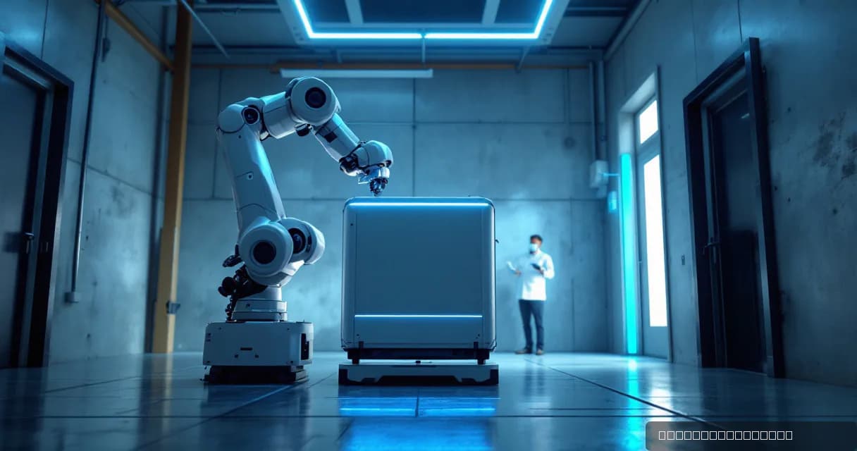 A robotic arm in a laboratory setting transferring an unmarked equipment case while a technician verifies the physical handoff, symbolizing advanced AI technology development.