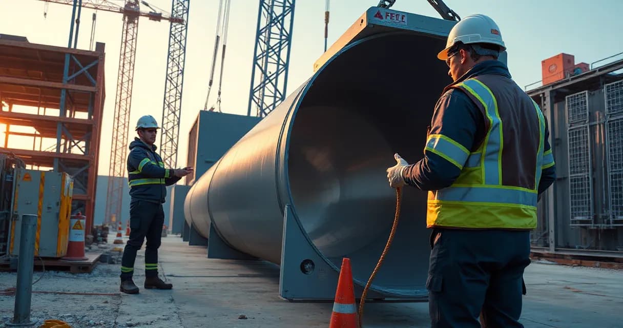 Two technicians at an active data center construction site guide a large smooth cooling duct into place while a site engineer checks the physical handoff from a close side view.