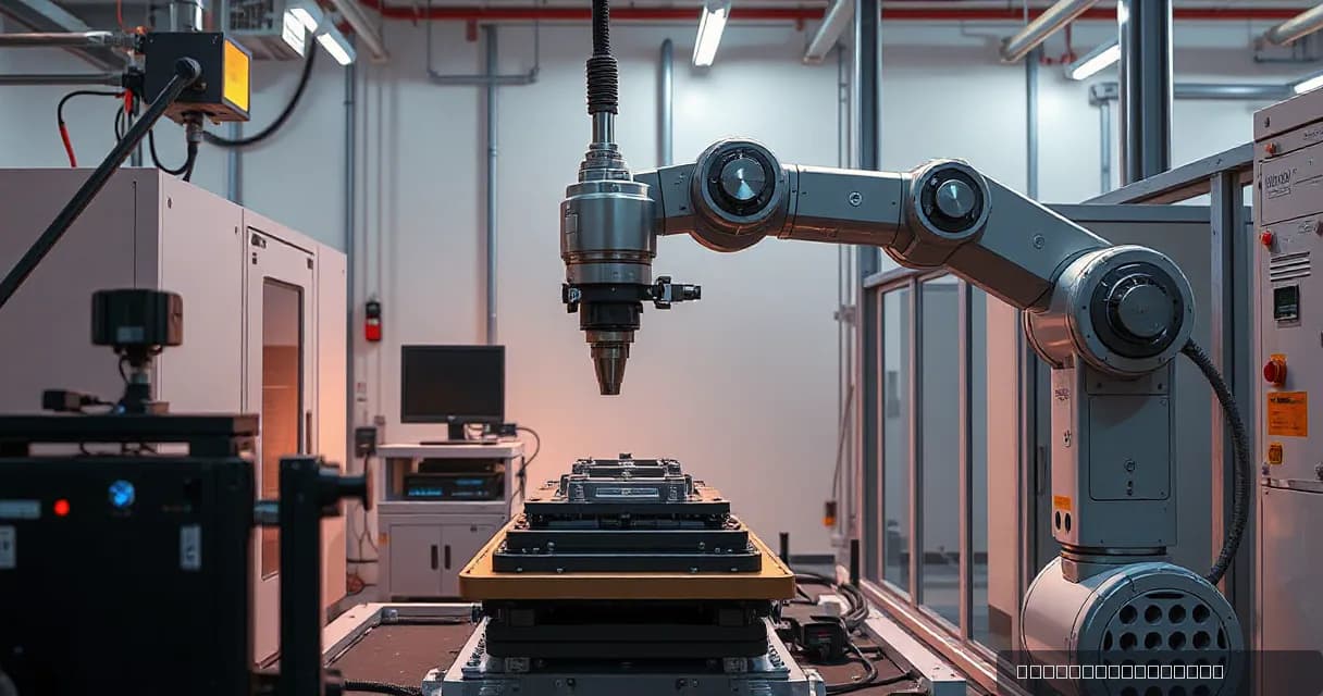 A robotic arm precisely aligns an engineered component in a clean fabrication bay, symbolizing advanced artificial intelligence technology development.