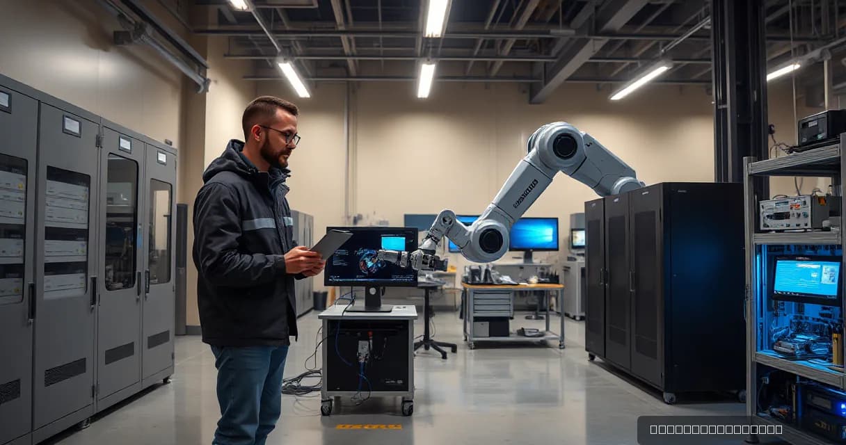 An engineer interacts with advanced robotic technology in a modern AI laboratory setting, surrounded by server racks and specialized equipment.