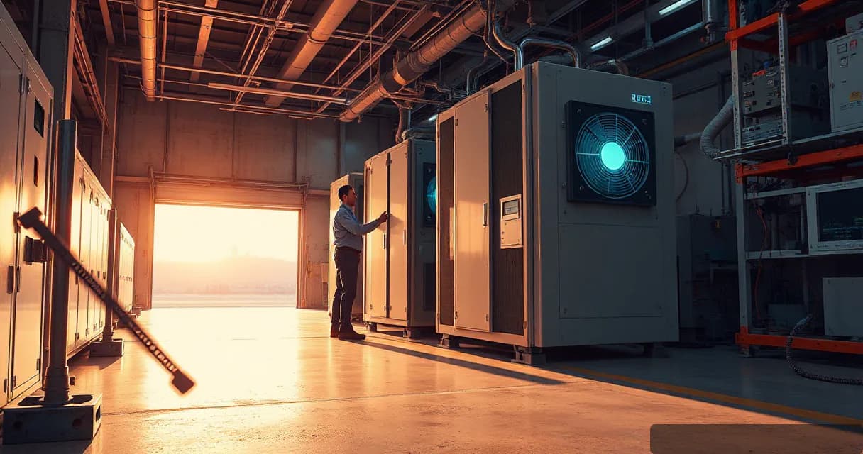 An engineer interacts with large cooling units inside a chip fabrication facility under warm, late-afternoon light.