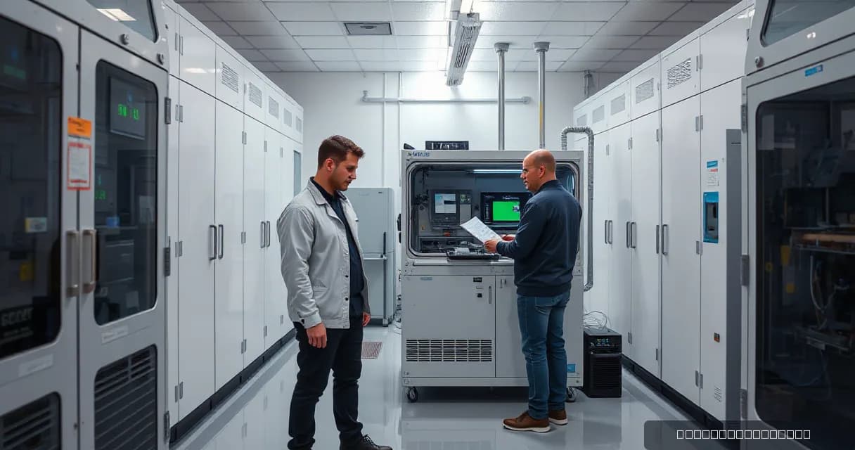Two engineers in an AI laboratory testing a machine while a cooling unit runs beside them.