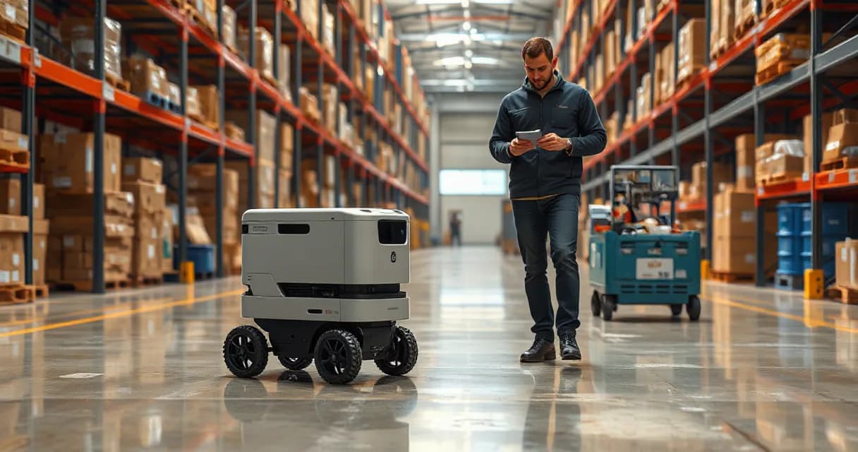 A mobile warehouse robot collects, scans, and delivers a parcel while a technician observes in a large warehouse setting.