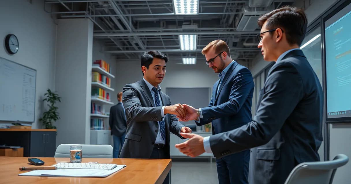 Three professionals in business attire are engaged in a handshake inside a modern office training room. One individual appears to be guiding or coaching another as they transition into their new role, while a third person observes. The environment includes desks with minimal clutter and a large scre
