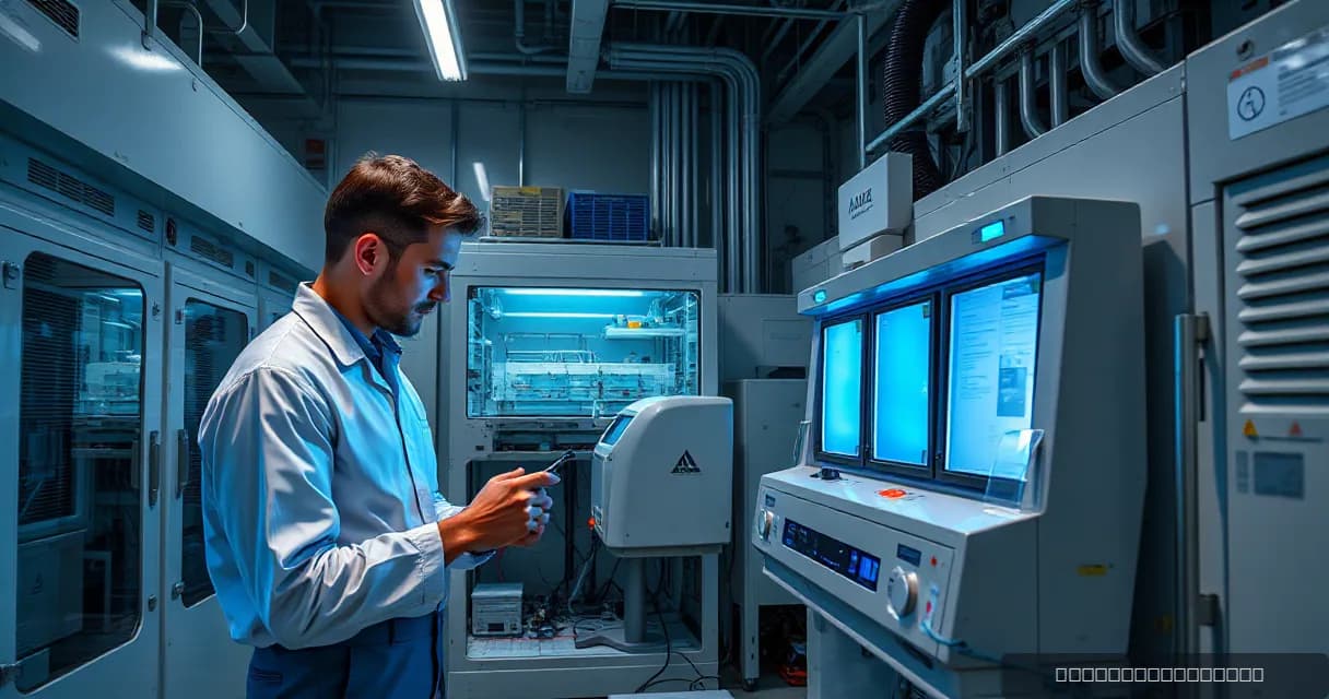 Two engineers in a laboratory setting test an accelerator card within an open machine while a cooling unit runs beside it. The environment is modern and technical, with cool ambient lighting and a focus on the subject's actions.
