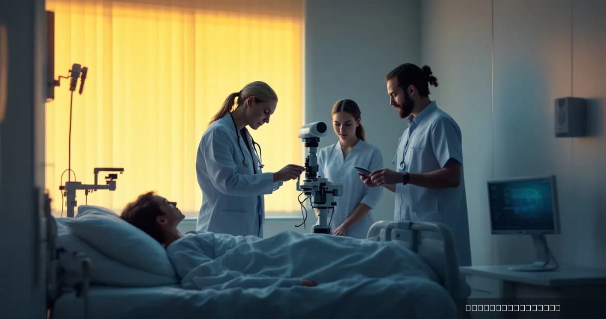 In a clinical examination room, a doctor reviews a patient with a nurse while a technician calibrates an unmarked diagnostic camera beside the bed. The scene highlights advanced medical technology in use within a healthcare setting.