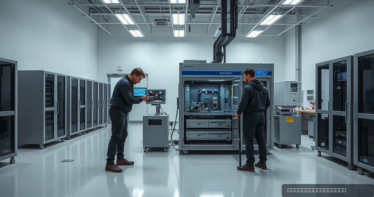 Two engineers are testing accelerator cards in an AI laboratory, with a cooling unit running beside them. The scene is set in a clean industrial environment with minimalistic equipment and no text or logos visible.