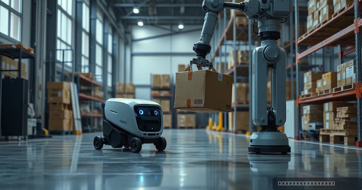 A mobile warehouse robot collects, scans, and delivers one unmarked parcel while a mechanical arm observes in a clean, modern warehouse setting.
