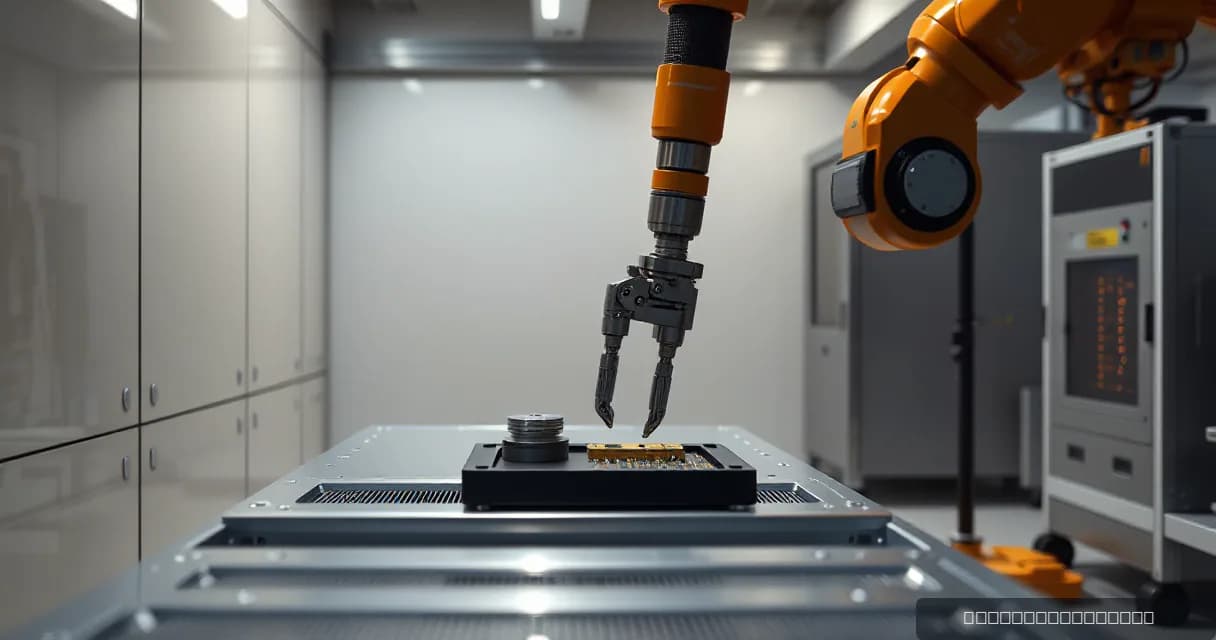 A robotic arm precisely aligns an engineered component inside a clean fabrication bay within a robotics lab setting, with another mechanical service arm testing its camera-guided grip in the background.