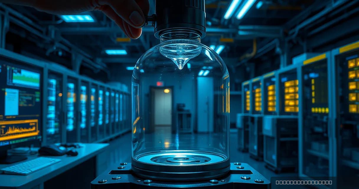 A hand holding an optical instrument over a glass dome containing a liquid, set against a backdrop of server racks and computer monitors displaying data visualizations under blue-toned lighting.