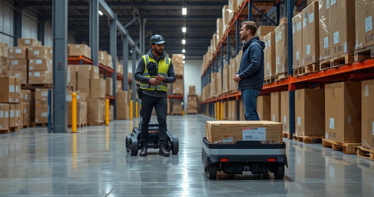 A mobile warehouse robot collects, scans, and delivers an unmarked parcel while a technician observes in a real warehouse floor with industrial lighting and plain surfaces.