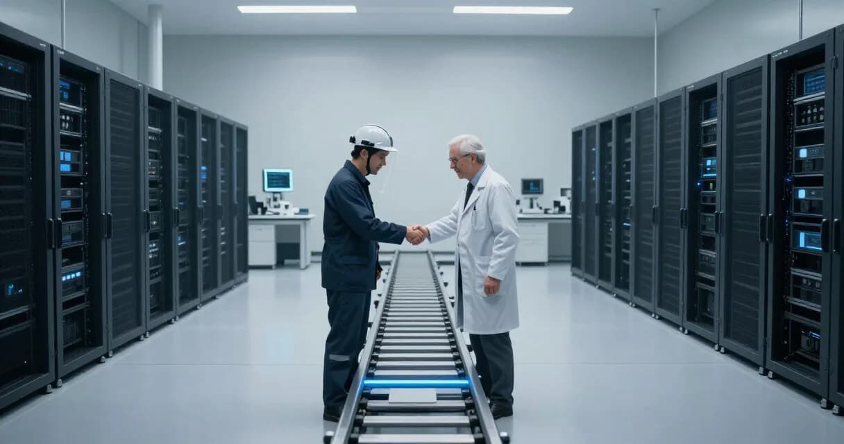 Учёные совместно обсуждают исследовательскую работу в современной лаборатории.