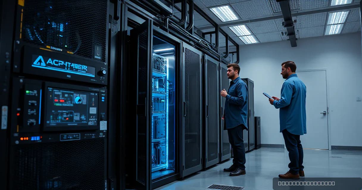 Two technicians are engaged in a discussion while one inspects server racks in a data center laboratory, symbolizing technical work related to artificial intelligence software development.