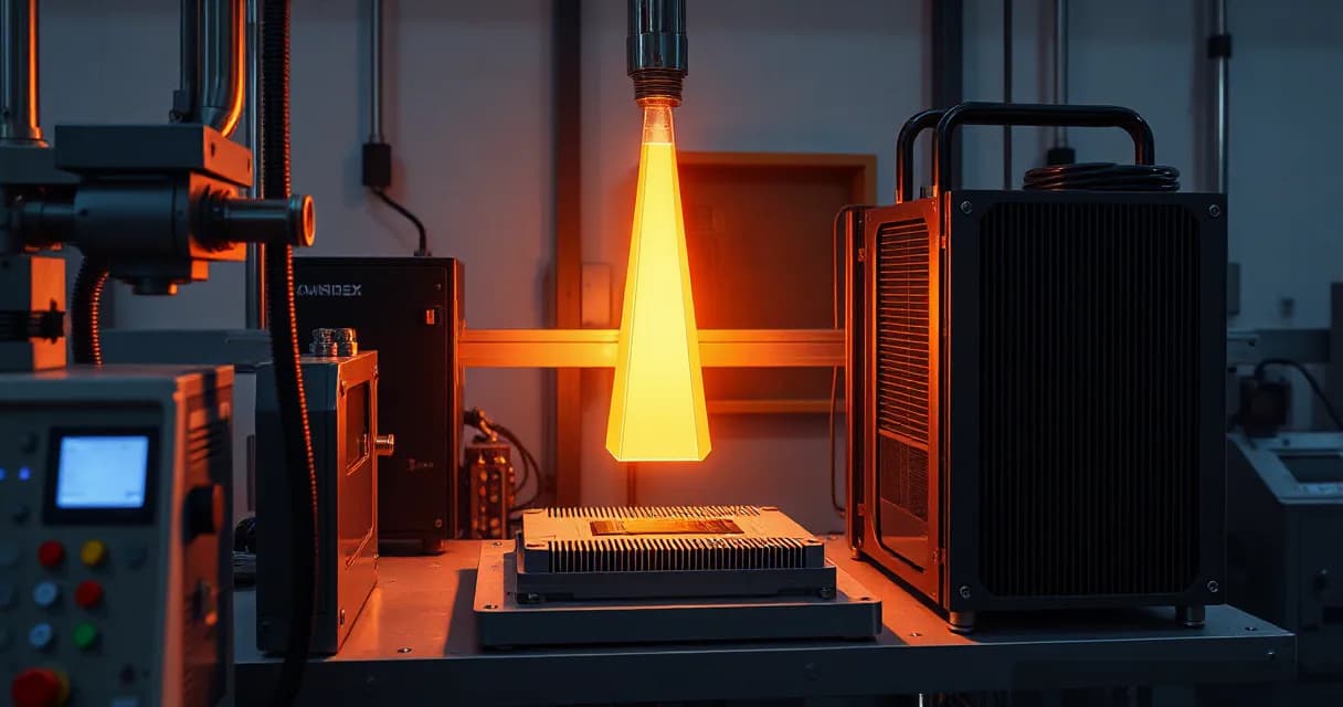 An AI laboratory setup where two calibration mechanisms test an accelerator card under bright orange light, symbolizing a silicon-prism metaphor for the interaction between human and digital intelligence in restoring biological structure vitality.