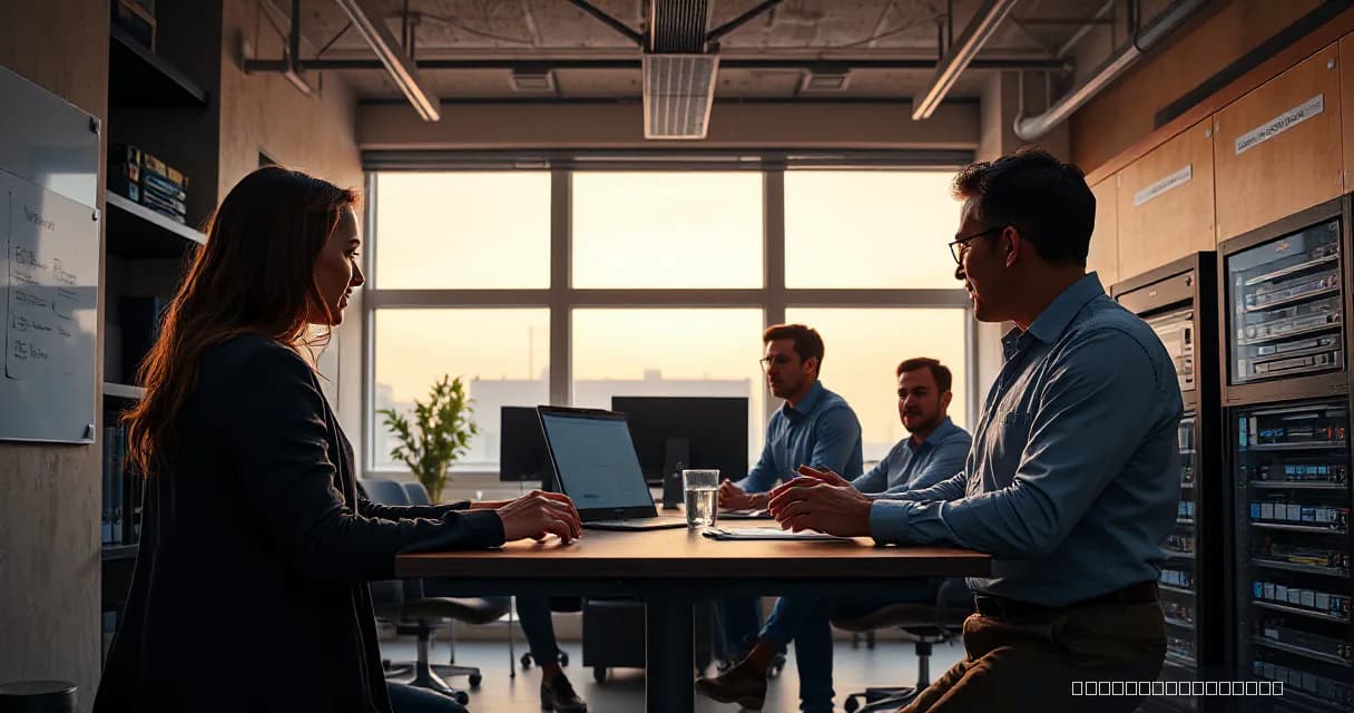 A group of professionals are engaged in a training session inside a modern office space. They are seated around a table with laptops and servers visible in the background, suggesting a focus on technical skills and infrastructure management. The warm lighting and large windows create an inviting atm