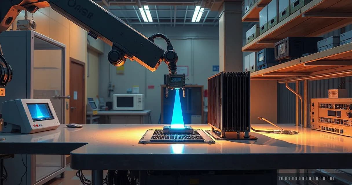 A mechanical service arm replaces an accelerator card in a hardware laboratory, symbolizing cloud-based computing technology. A silicon prism emits light onto the precision workbench, representing data flow and advanced technology.