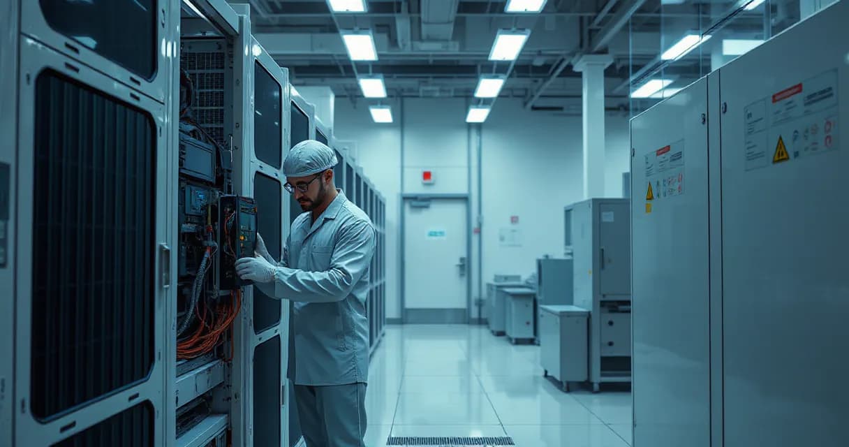A technician in a lab coat and gloves works on an accelerator card within a server rack, while the surrounding environment features other test benches and equipment, emphasizing the expansion of GeForce NOW's server infrastructure in Toronto.
