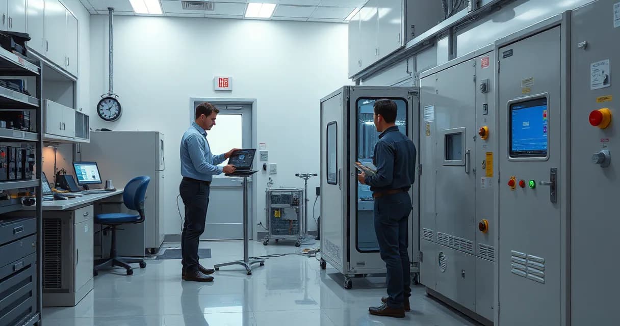Two engineers are testing an accelerator card in a modern AI laboratory. One engineer holds a laptop while another inspects equipment inside a large machine. The scene is set against a backdrop of industrial equipment and a clock on the wall, emphasizing a serious and focused environment.