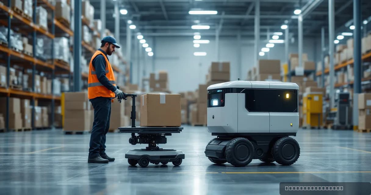 A technician observes a mobile warehouse robot collecting, scanning, and delivering an unmarked parcel in a real warehouse setting.
